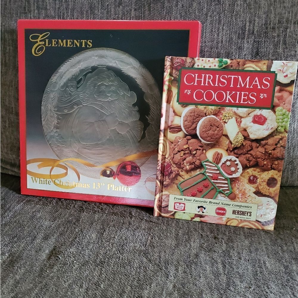 NWT beautiful Christmas platter 13 inch.  Gold trim with Xmas cookies cookbook